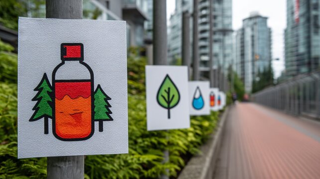 Educational water quality signage near river trail, public awareness, community engagement, lifestyle stock photography