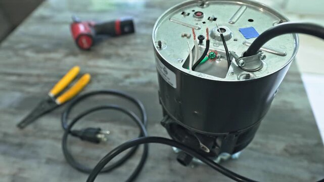 Close-up view of a plumber or electrician's hands connecting a power cord to a kitchen garbage disposal unit using lever wire connectors on a countertop, USA