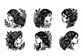 Obraz premium Black and white female profile vector set with abstract floral decorations and elegant face silhouettes