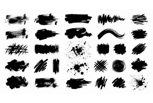 Abstract ink brush stroke vector set with grunge paint swashes and artistic hand drawn brush textures