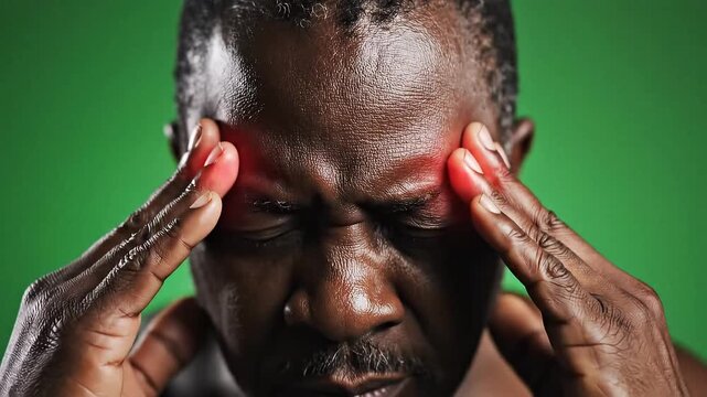 Man with headache on green background.