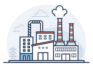 Obraz premium Modern industrial factory building with smokestacks and pollution during daytime in a minimalist flat style