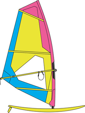 Flat vector illustration of a colorful windsurfing sail attached to a surfboard. Vibrant water sports graphic, perfect for summer windsurf school ads, beach resort promotions, ocean lifestyle designs.