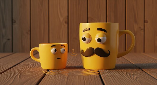 Two cute yellow mugs with faces interacting on a rustic wooden table