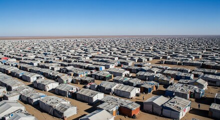 Fototapeta premium Vast refugee camp with countless makeshift shelters on arid land under a clear blue sky