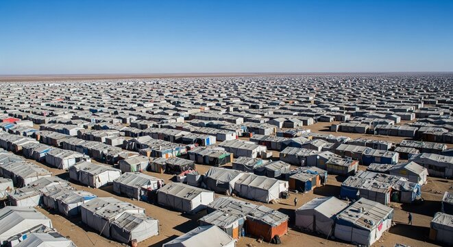 Vast refugee camp with countless makeshift shelters on arid land under a clear blue sky