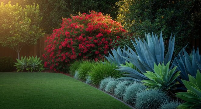Vibrant backyard garden landscape with blooming red crepe myrtle and agave