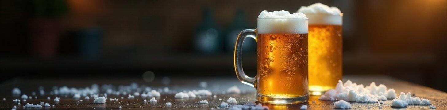 Frosty mug overflowing with fresh, golden beer, drink, food