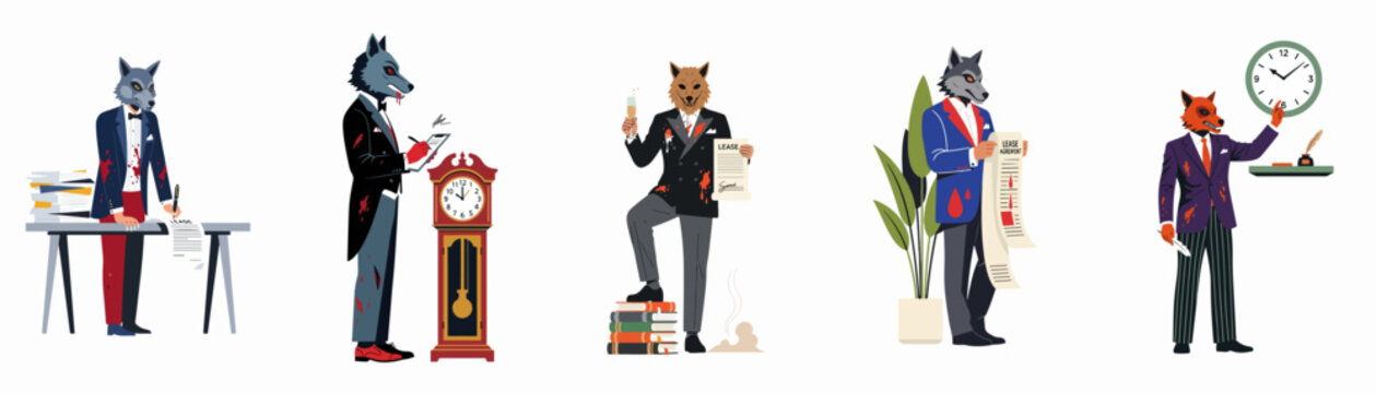 Surreal illustrations of anthropomorphic wolves in suits with bloodstains, depicting predatory business practices, ruthless corporate culture, and aggressive contract negotiations.