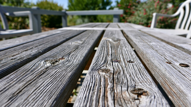 Close-up of weathered wooden picnic table surface with natural grain and texture