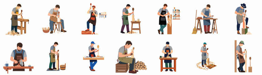 Fototapeta premium Collection of male woodworkers and artisans carving wooden spoons and working with wood in various poses and workshops, flat vector illustration set.