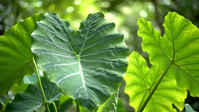Lush Green Elephant Ear Leaves Bathed in Soft Sunlight.