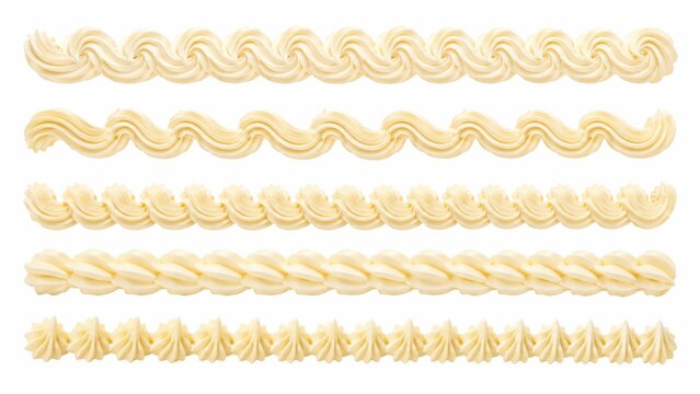 Whipped buttercream frosting borders set, decorative vanilla cream swirls for cake design, sweet white icing piping patterns on white background