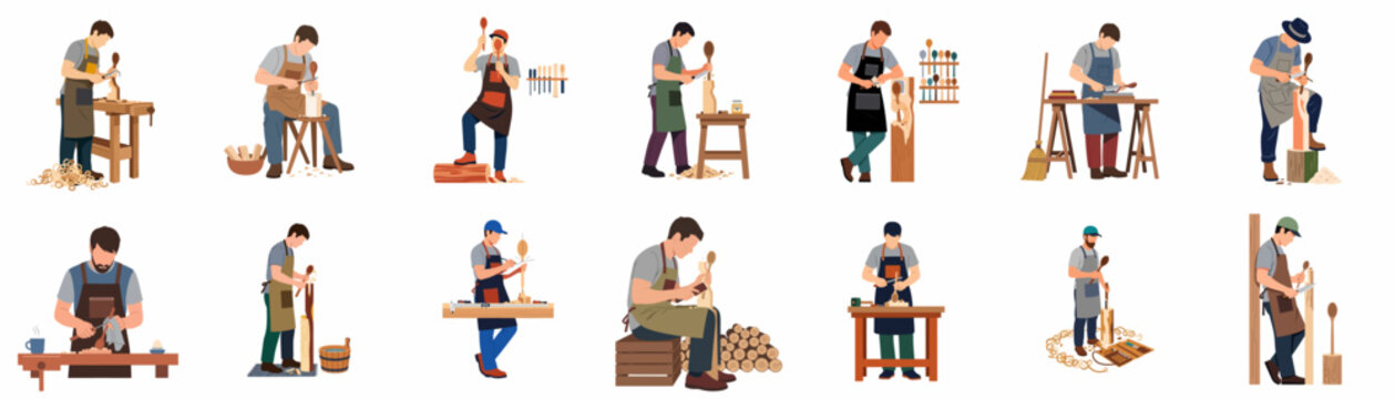 Collection of male woodworkers and artisans carving wooden spoons and working with wood in various poses and workshops, flat vector illustration set.