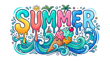Fototapeta premium Vibrant summer typography with melting colorful letters surrounded by ice cream waves and playful elements