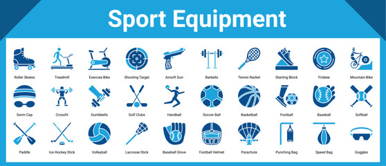 Sport Equipment icon pack and collection containing: roller skates, treadmill, exercise bike, shooting target, airsoft gun, barbells, tennis racket, starting block, frisbee, mountain bike, swim cap © malikha