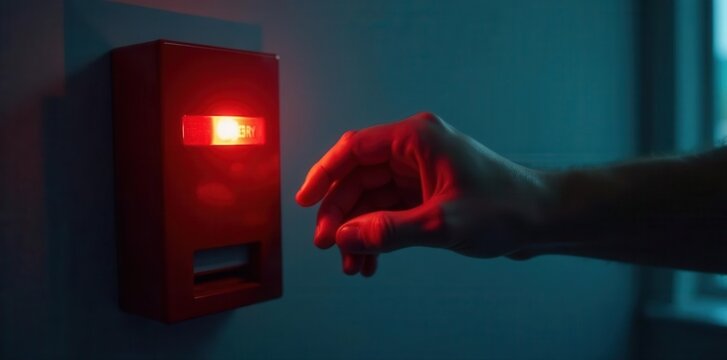 Hand activates a bright red emergency buzzer; studio shot , hand, restart