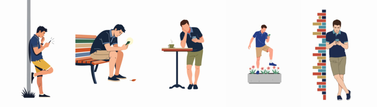 Conceptual illustration of a man constantly distracted by his smartphone in various everyday situations, highlighting digital addiction and phubbing.