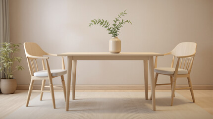 Fototapeta premium Minimalist wooden dining table and chairs set with dried pampas grass arrangement in a bright, airy interior with natural light and neutral tones