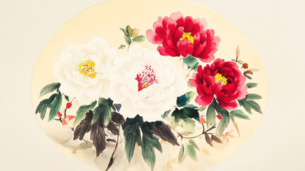 Obraz premium Vibrant watercolor circular white canvas light yellow background assortment flowers predominantly peonies lower left quadrant central peonies white petals pink flush red centers yellow stamens small g