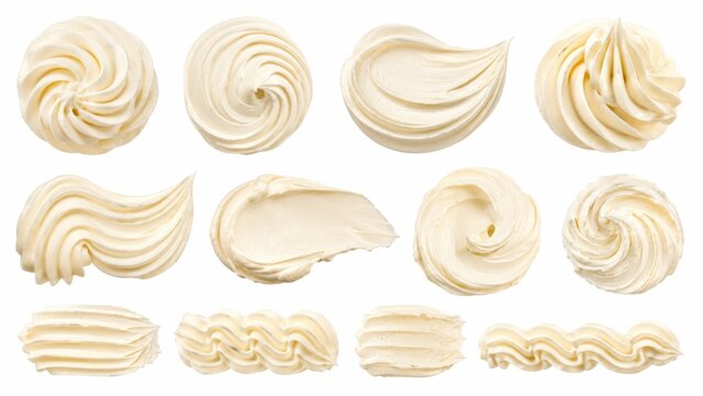 Whipped cream swirls and frosting dollops set, white vanilla buttercream piping collection, sweet dairy foam textures for dessert decoration