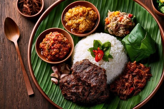 Indonesian nasi campur platter served on banana leaf with spicy sambal and grilled meat in a rustic macro shot for culinary marketing
