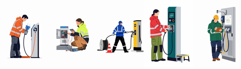 Illustration set of professional technicians and engineers installing, maintaining, and testing various electric vehicle charging stations for sustainable transportation infrastructure. © Rolas