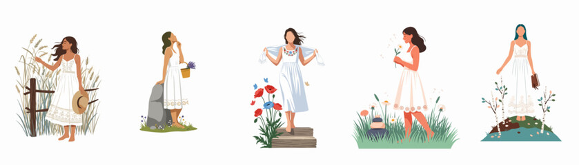Collection of five flat illustrations featuring women in white dresses enjoying various serene natural landscapes like meadows, wheat fields, and floral gardens. © Rolas