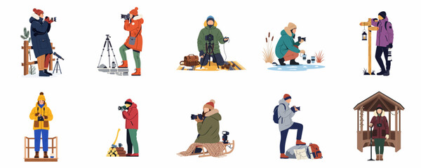Collection of flat vector illustrations of various photographers and explorers in winter apparel with cameras and gear in outdoor nature settings. © Lhymo