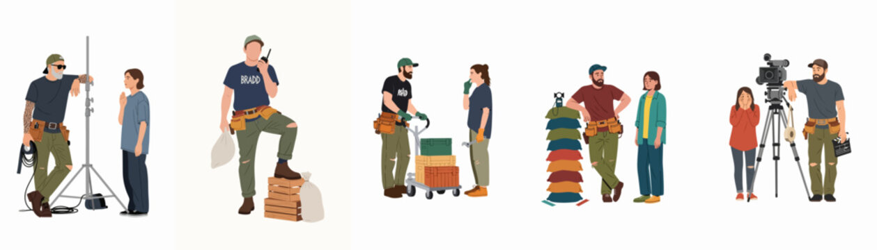 Set of professional film production crew members working with cameras, lighting stands, tools, and gear in flat vector illustration style.