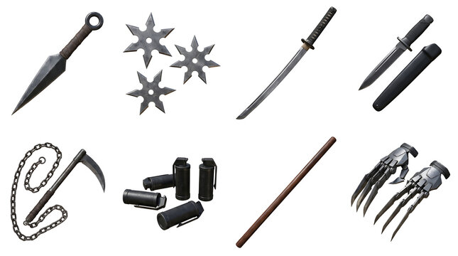 Professional 3D collection of traditional ninja weapons and shinobi gear isolated on white, featuring katana, shuriken, and kunai for game design and martial arts concepts.