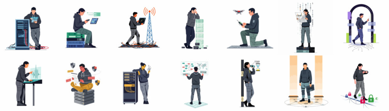 Collection of Flat Vector Illustrations Depicting IT Professionals, System Administrators, and Cybersecurity Experts Managing Modern Data Centers and Network Infrastructure