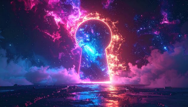 Surreal keyhole portal to a cosmic landscape, glowing with neon colors