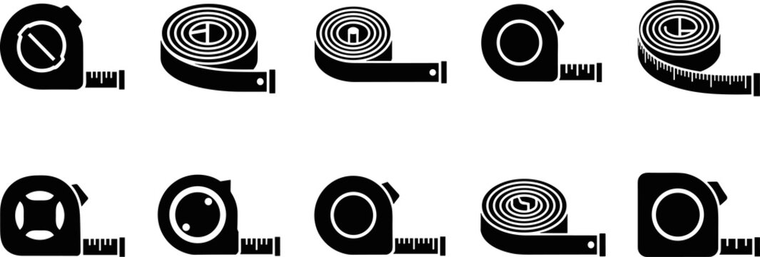 Black measuring tape silhouette icons set for construction, tailoring, precision measurement, length scale, and design tool concepts