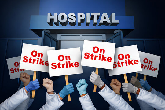 Medical workers in lab coats and gloves protesting with on strike signs outside hospital