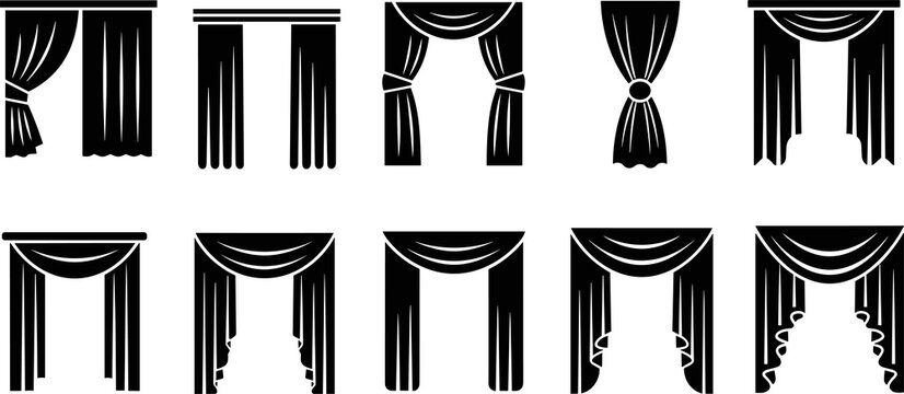 Black silhouette curtain icons set, drapery styles, window decoration, home interior design, fabric folds, valance, vector illustration, elegant decor