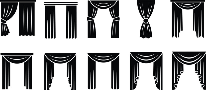 Black silhouette curtain icons set, drapery styles, window decoration, home interior design, fabric folds, valance, vector illustration, elegant decor