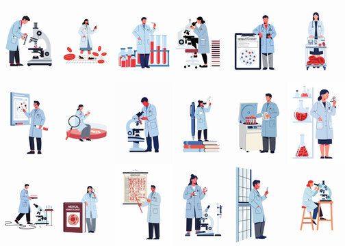 Comprehensive Collection of Hematology Laboratory Professionals and Scientists Conducting Blood Research, Diagnostics, and Medical Experiments in a Modern Lab Setting.