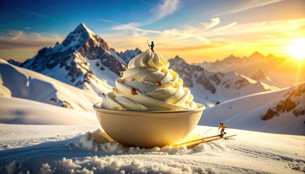 Miniature skiers and figure climb on a colossal whipped dessert with snowy mountains
