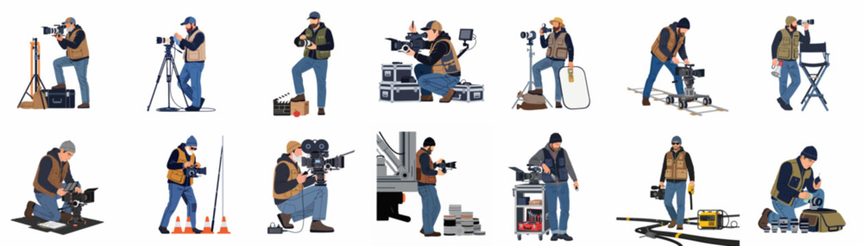 Professional film crew and videographers set with various filming equipment like cameras, tripods, and monitors, flat vector illustration isolated on white background.