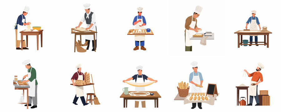 Set of male bakers and pastry chefs preparing fresh bread, kneading dough, and rolling pastry, minimalist flat vector illustration isolated on white.