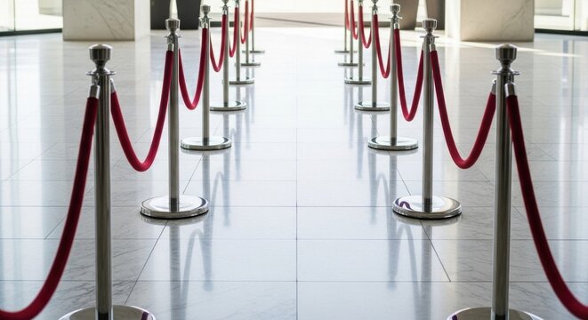 Polished metallic stanchions with plush red velvet ropes guide pathway for exclusive event access