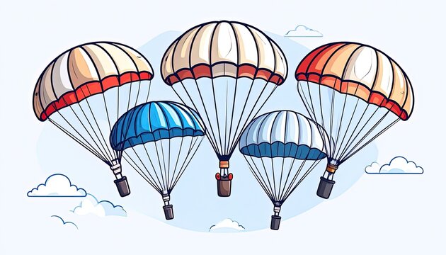 Parachutes flying high in sky.