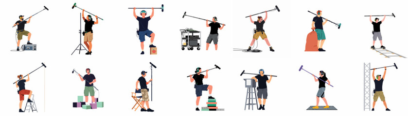 Set of flat vector illustrations featuring diverse boom operators and sound technicians working with microphones and audio equipment on a film production set. © Telu