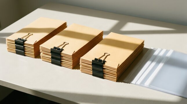 Batched manila envelopes with black binder clips beside clear document sleeves on neutral desk background for records management copy space
