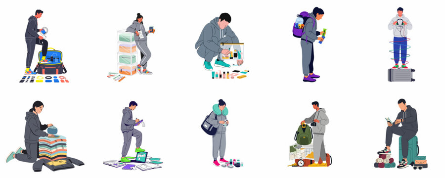 Diverse characters preparing for travel, packing suitcases, organizing essentials, electronics, and documents in a flat vector illustration style.