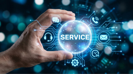 Hand holding futuristic glowing globe with digital customer service icons and AI support technology.  Omnichannel customer support concept showing 24/7 service, email, phone, and AI chat options.  © bikram