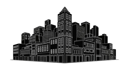 Fototapeta premium Black and White Cityscape Silhouette Vector Illustration