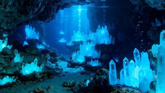 Underwater cave with glowing blue crystals and sunlight filtering through water