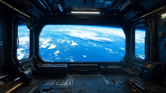 Interior view of a spacecraft cockpit with Earth visible through large windows
